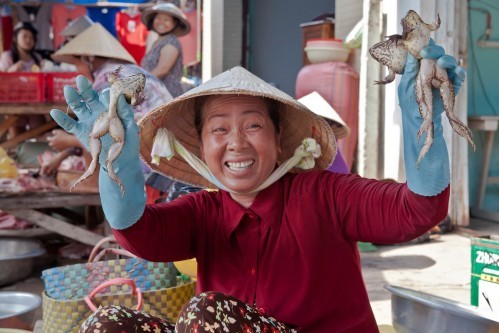Người phụ nữ trong một khu chợ ở Gò Dầu, Tây Ninh hào hứng khoe những chú ếch - con vật không có trong danh mục thực phẩm của phương Tây.